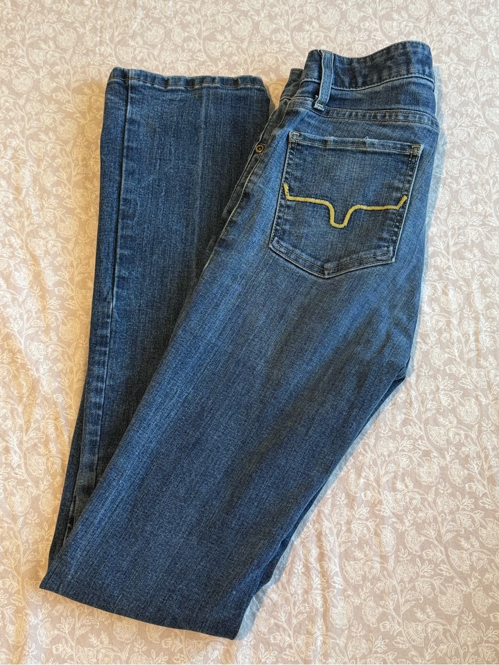Kimes Ranch Women's Dark Blue Straight Leg Jeans with Yellow Pocket Stitch